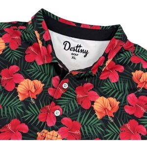 Destiny Golf Polo Men's XL Red Hibiscus Black Tropical Performance